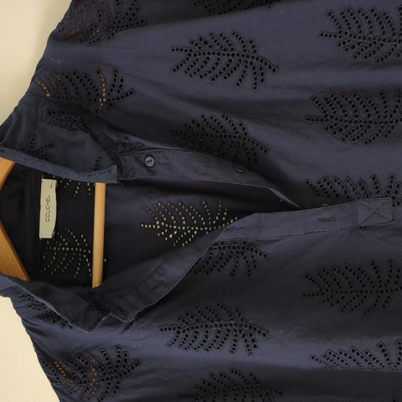 Couchel Navy Blue Leaf Eyelet Oversized Boho Relaxed Fit Dropped Shoulder Top - Picture 2 of 7